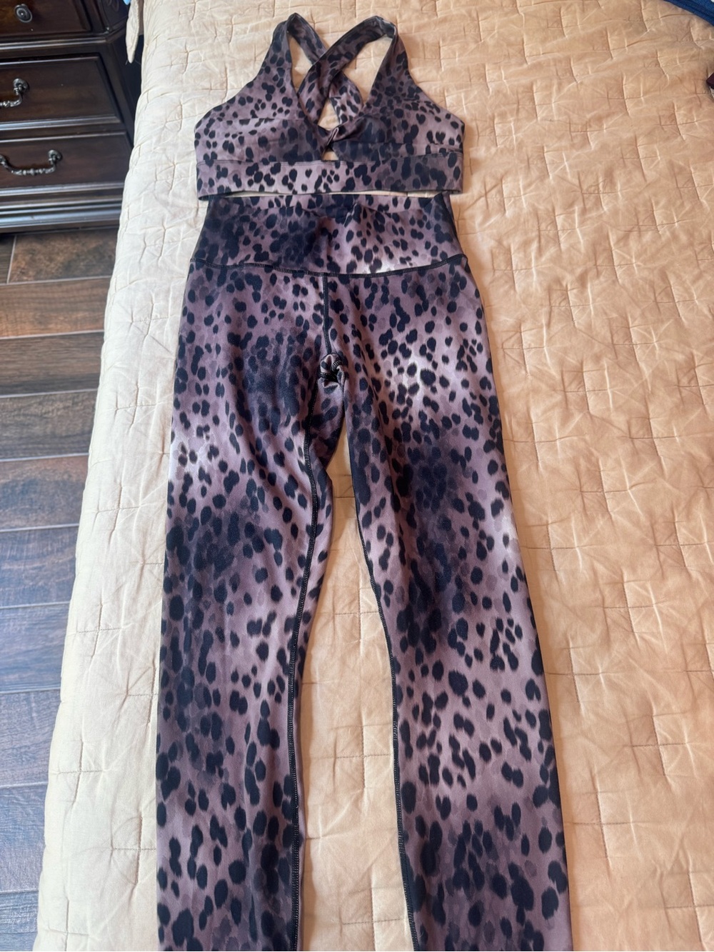 Fabletics Leopard Print Leggings & Sports Bra Set in Brown and Black